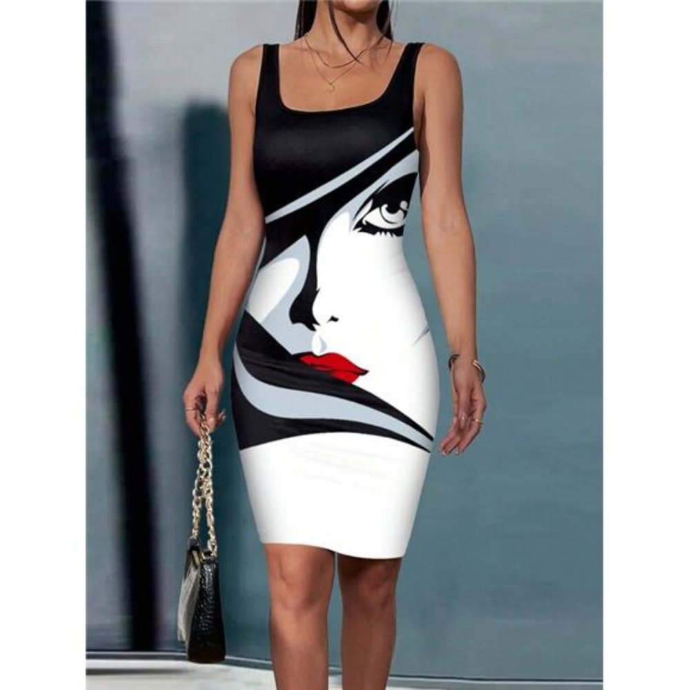 Contrast Color Patchwork Figure Print Bodycon Dress - Picture 6 of 6